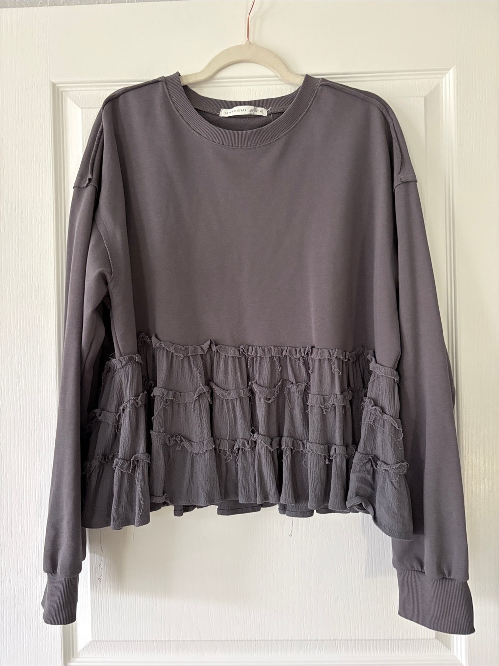 Altar'd State Gray Ruffled Hem Sweatshirt